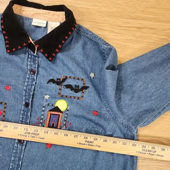 White Stag Denim Shirt Embroidered Fall Pumpkin Corduroy Collar 16W Plus Jean - Picture 5 of 11